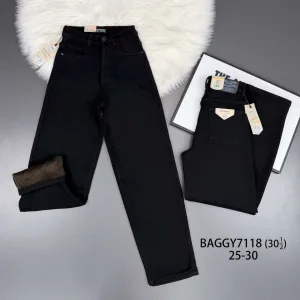 Жіночі джинси VINDASION BAGGY 7118 чорні, стрейч, на хутрі, розміри 25–30 оптом
