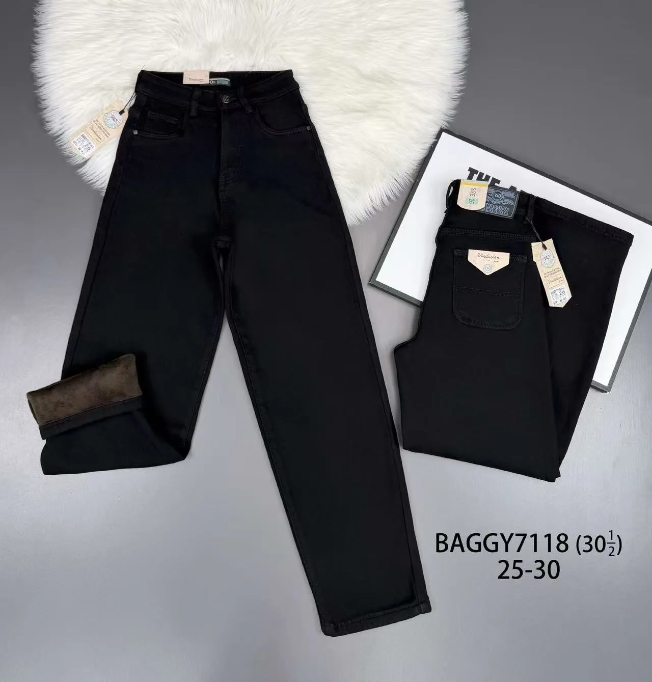 Жіночі джинси VINDASION BAGGY 7118 чорні, стрейч, на хутрі, розміри 25–30 оптом